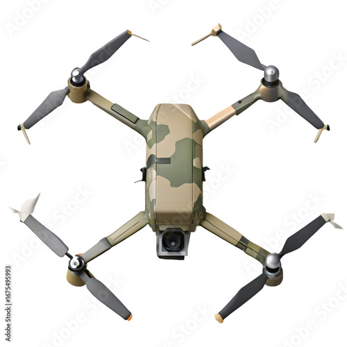 Military drone top view 3d rendering isolated on transparent background