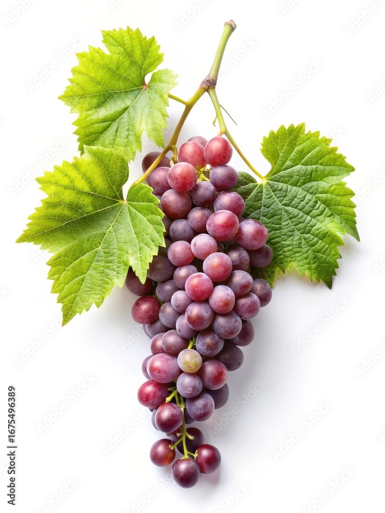 Fototapeta premium A small branch of grape vine with leaves and berries against a crisp white background