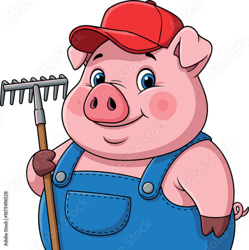Cartoon pig farmer in overalls, cheerful anthropomorphic animal character holding rake, cute agricultural illustration for children’s books and farm‑themed designs
