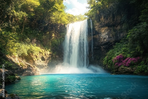 Tranquil waterfall cascading into a vivid turquoise pool surrounded by lush green foliage and colorful flowering plants under a bright sunny sky