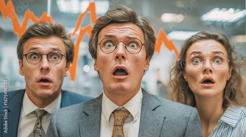Shocked Investor's Reaction: A trio of investors stares in disbelief at a declining stock graph, their faces etched with worry. Capturing financial downturns and the impact on individuals.