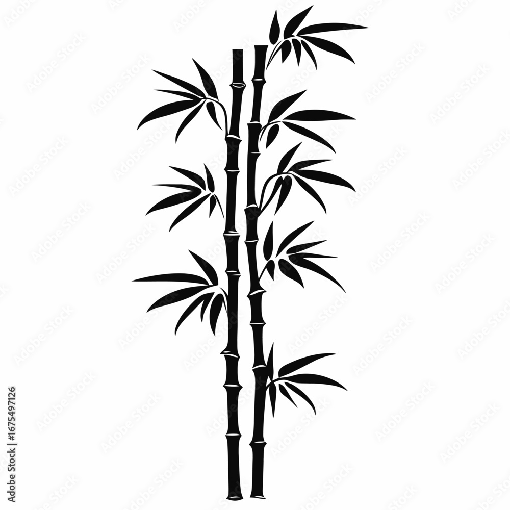 Obraz premium Two bamboo stalks adorned with green leaves depicted as a silhouette
