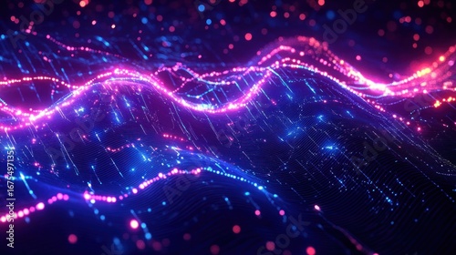 Abstract digital landscape with flowing wavy grid lines illuminated by neon pink and blue glowing dots creating a futuristic and dynamic visual effect