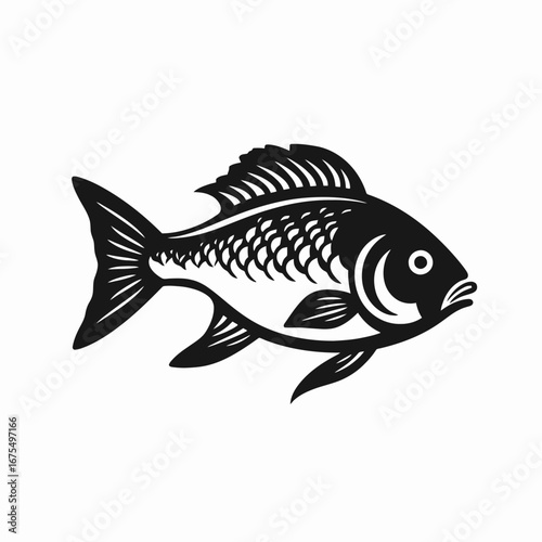 Bold stylized single fish illustration swimming in black and white silhouette
