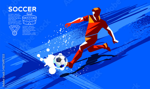 Modern vector illustration of a soccer player and ball with high energy motion lines