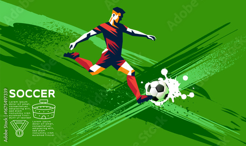Modern vector illustration of a soccer player and ball with high energy motion lines