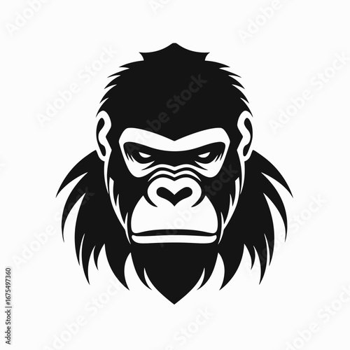 Striking gorilla face with intimidating glare in simplistic black and white silhouette