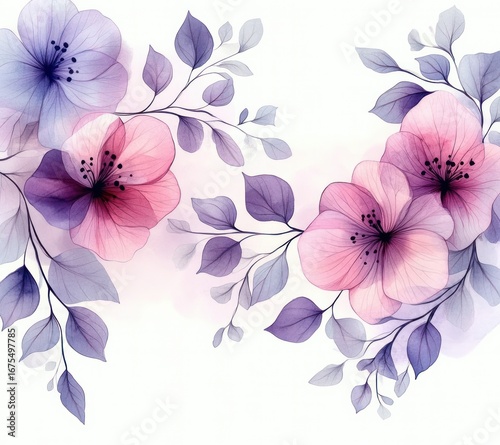 delicate watercolor style pink and purple flowers with soft leaves on white background evoking calm and elegance