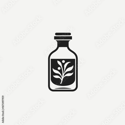Pharmaceutical bottle with herbal remedy displayed in simple black silhouette