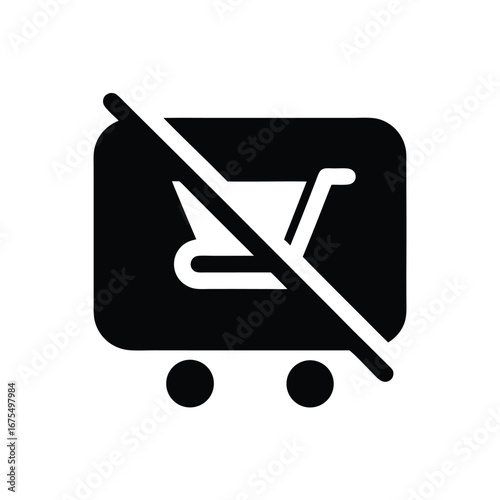No Shopping Cart Icon with Strike Through in Black on White Background