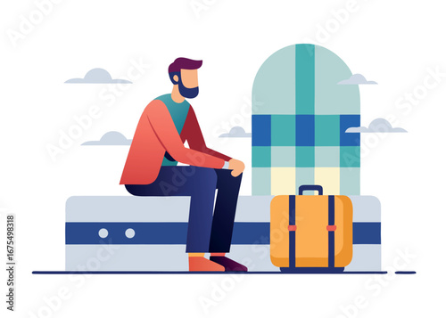 A man is waiting with his suitcase at a train station, looking pensive isolated on white background