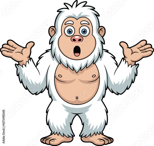 Cartoon yeti with raised arms, cute abominable snowman character, white furry creature illustration, playful winter monster design for children’s media and art