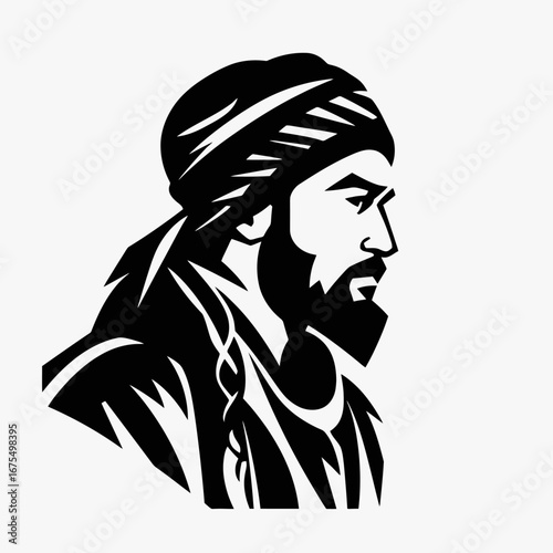 Powerful man in turban stylized black and white abstract portrait silhouette