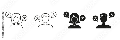 Language Translation And Bilingual Interaction Icon Collection. Multilingual Communication Line And Solid Symbol Set. Man and Woman With Speech Bubbles. Isolated Vector Illustration