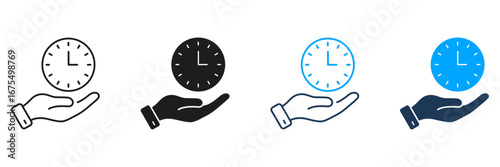 Hand Holding Clock Line And Solid Icon Set. Time Management, Efficiency, And Productivity Symbol Collection. Business And Personal Scheduling Concept. Isolated Vector Illustration