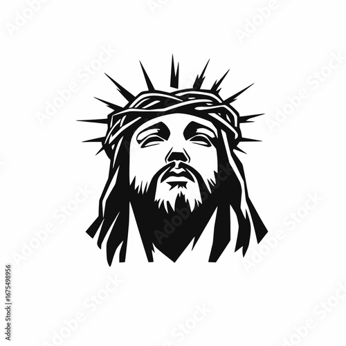 Jesus Christ with crown thorns artistic black and white vector silhouette
