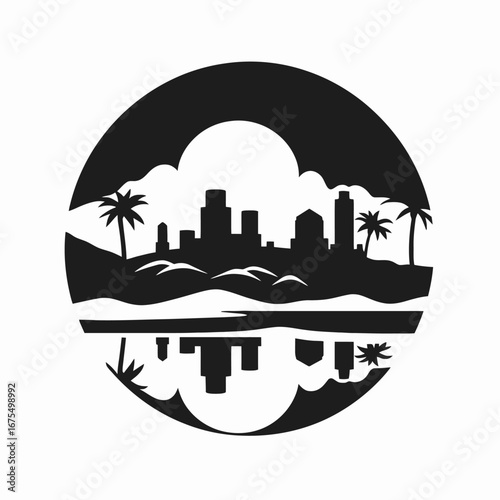 Serene beach city landscape view reflecting calm water surface, a minimalist silhouette