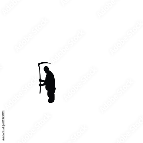 Person holding a scythe silhouette, vector illustration.

