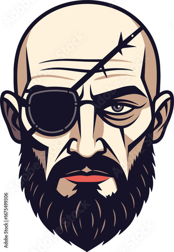 Bald Bearded Man Eye Patch Scar Headshot Illustration