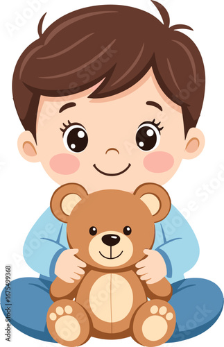 Cute Baby Boy Sitting Holding Teddy Bear Children Toy Concept