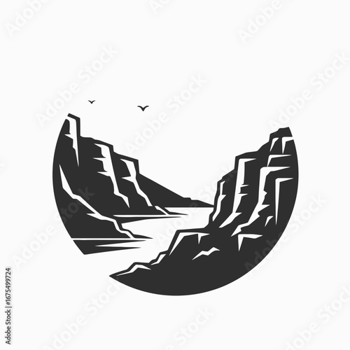 Majestic canyon view with soaring birds rendered in vector silhouette