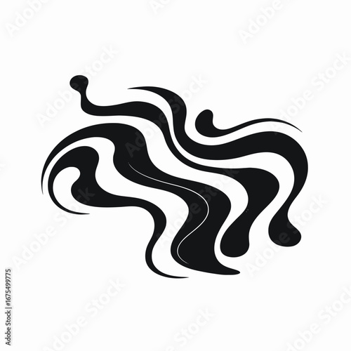 Abstract flowing wave-like graphic element in black and white, modern silhouette