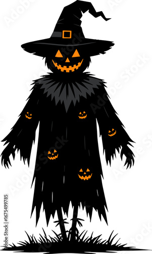 Spooky Halloween Scarecrow With Jack O Lantern Face And Witch Hat