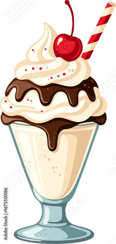 Vanilla Milkshake Chocolate Sauce Cherry Whipped Cream Dessert