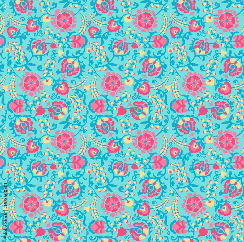 Fototapeta premium Evocative floral tapestry evokes joy and celebrates traditional folk patterns on light breezy