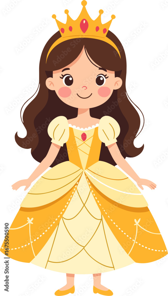 Fototapeta premium Cute Little Princess Girl Yellow Dress Crown Children Character