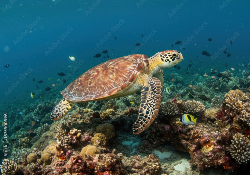 Fototapeta premium Majestic Sea Turtle Gracefully Gliding Through Vibrant Coral Reef