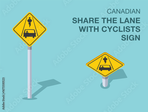 Traffic regulation rules. Isolated canadian "share the lane with cyclists" road sign. Front and top view. Flat vector illustration template.