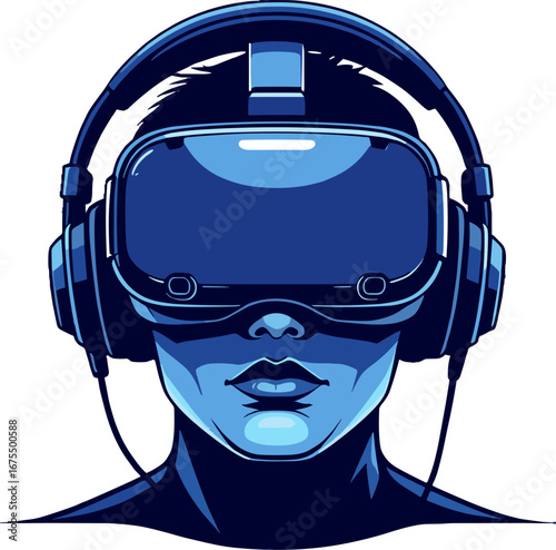 Futuristic Man Wearing Virtual Reality Headset and Headphones