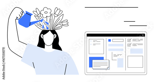Person watering head as flowers sprout symbolizes growth and creativity alongside platform interface for task management. Ideal for personal development, education, productivity, innovation