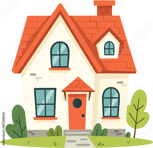 Cozy Suburban House Red Roof Front Yard Cottage Home