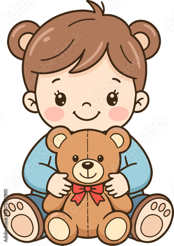 Cute Toddler Holding Teddy Bear Plush Toy Kids Illustration