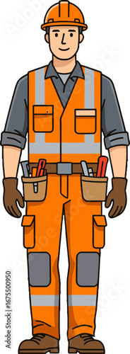 Construction Worker Safety Vest Hardhat Standing Full Body