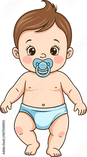 Cute Baby Boy Wearing Blue Diaper With Pacifier Front View