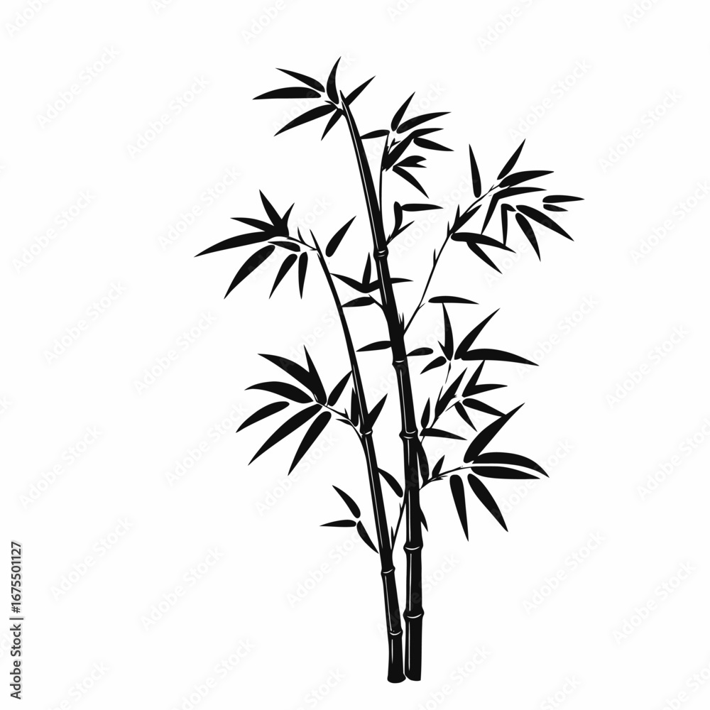 Naklejka premium Elegant black bamboo stalk branches leaves oriental decoration Asian forest silhouette