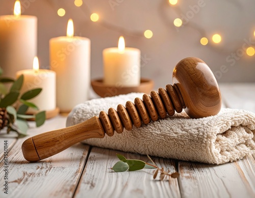 Wooden maderotherapy tool on a towel in a tranquil spa setting with ambient candlelight