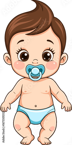 Cute Baby Boy Blue Diaper Pacifier Front View
