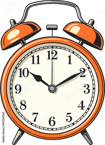 Vintage Orange Alarm Clock Time Ten Two Illustration