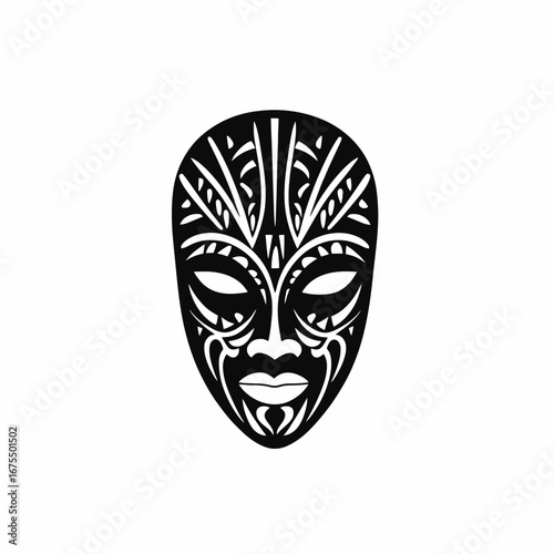 Tribal mask, ethnic pattern, face design, black and white graphic silhouette