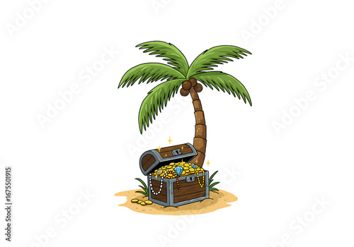 Tropical Treasure:  A Rendered Illustration of a Wooden Chest Filled with Gold Coins Situated Beneath a Palm Tree on a Sandy Beach isolated on transparent background
