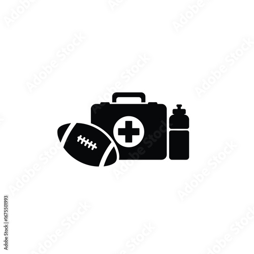 Football first aid kit and water bottle medical