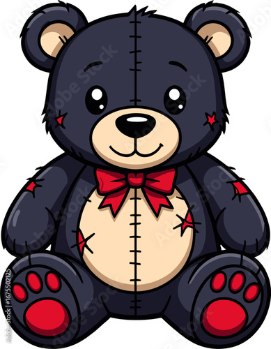 Cute Black Teddy Bear Plush Toy Red Bow Sitting