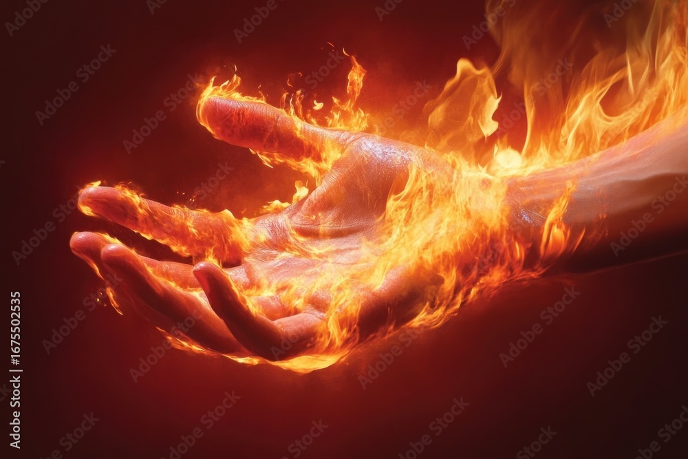 Fototapeta premium human hand engulfed in bright orange and yellow flames against a dark red background conveying intensity and power
