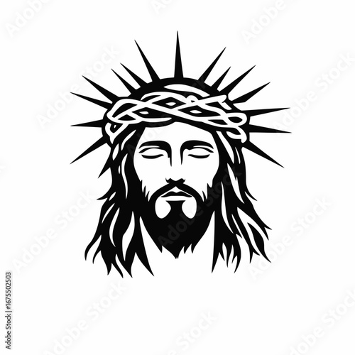Stylized Jesus Christ portrait wearing a crown of thorns black silhouette