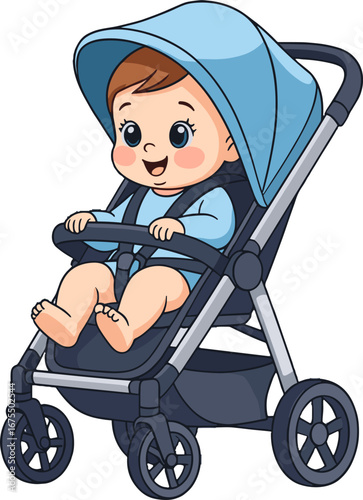 Cute Baby Sitting Blue Stroller Happy Infant Transport