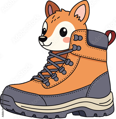 Cute Boot with Shiba Inu Face Hiking Adventure Concept